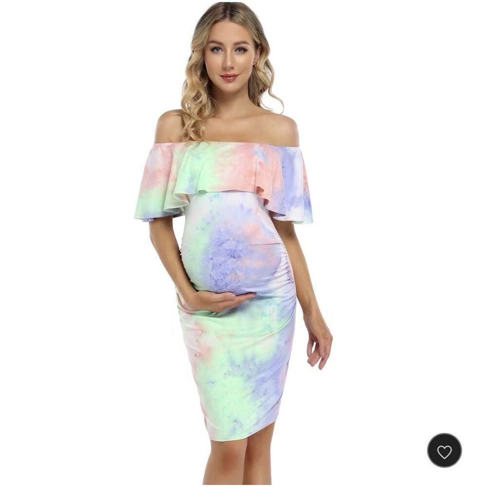 FUNJULY Maternity Tie Dye Bodycon Dress Off Shoulder Knee Length Sleeveless M